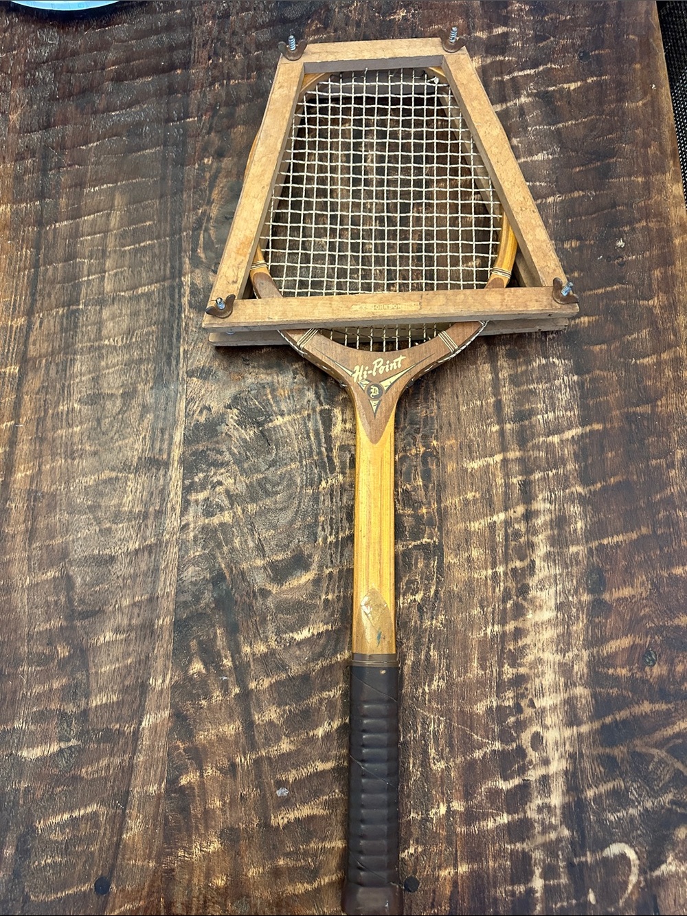 Vintage Hi-Point Wooden Tennis Racket - Natural Wood with Black Grip